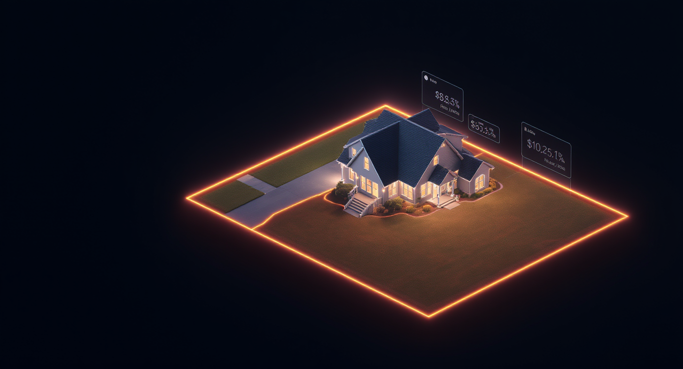 An isometric 3D illustration of a residential property at night with the lot boundary glowing in gold and floating price quote cards hovering above the house.