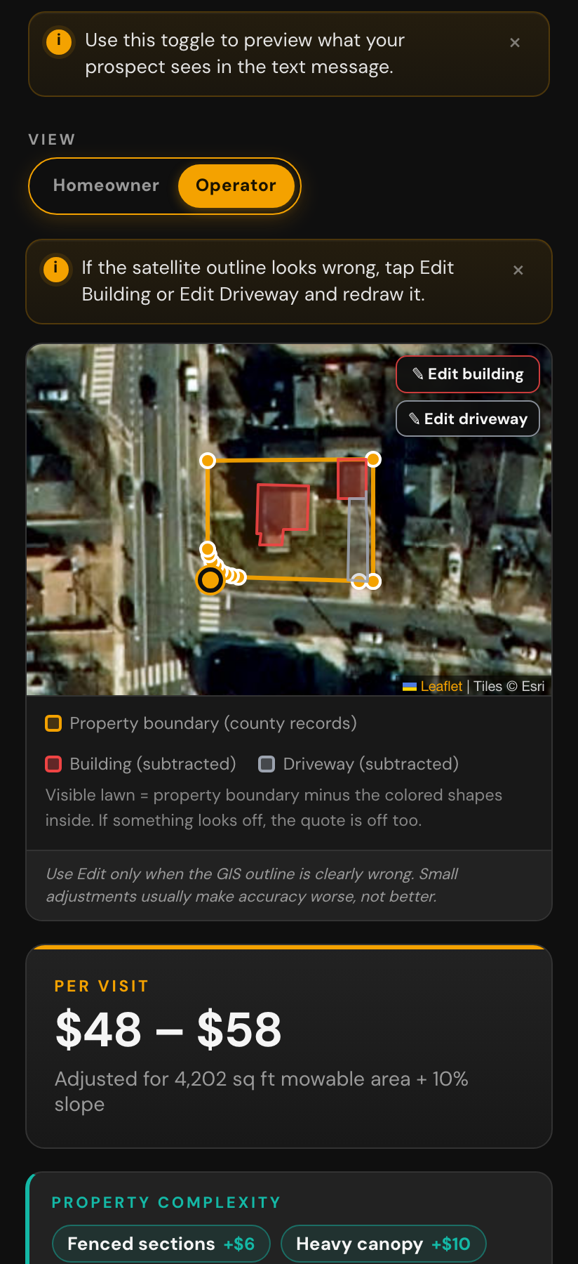 The operator-mode map showing the lot in gold, the building footprint in red, and the driveway in gray, with a legend explaining each color.